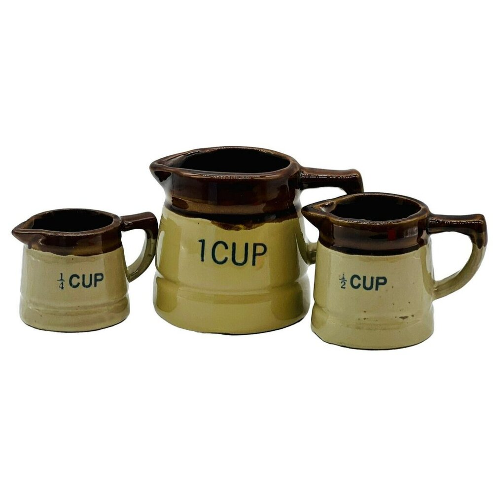 Vintage Stoneware Crock Pitcher Measuringโ Cup Set of 3 Brown Drip Redware